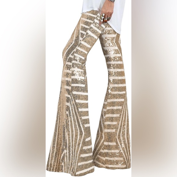 Pants - Apricot rose gold champagne sparkly wide leg sequin trousers